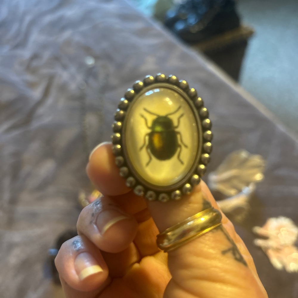 Beetle Cameo Ring with Beaded Edge